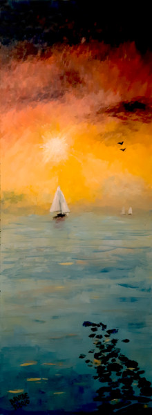 Pittura intitolato "Tramonto sul mare" da Davide Pacini, Opera d'arte originale, Olio