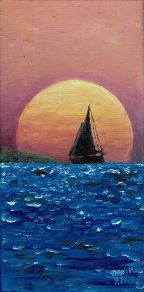 Painting titled "Tramonto con barca…" by Davide Pacini, Original Artwork, Oil