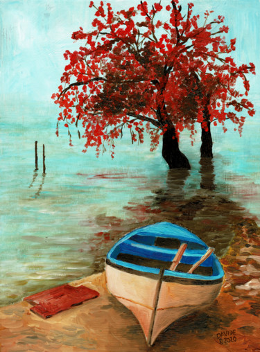Peinture intitulée "Autunno sul lago" par Davide Pacini, Œuvre d'art originale, Huile