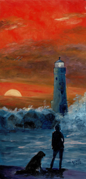 Painting titled "Faro al tramonto" by Davide Pacini, Original Artwork, Oil