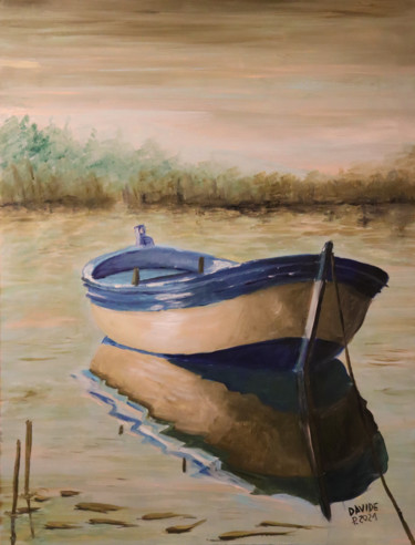 Картина под названием "La barca nel padule" - Davide Pacini, Подлинное произведение искусства, Масло