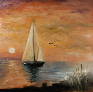 Pittura intitolato "Tramonto con barche…" da Davide Pacini, Opera d'arte originale, Olio