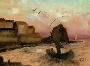 Pittura intitolato "Tramonto con pescat…" da Davide Pacini, Opera d'arte originale, Olio