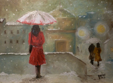 Pittura intitolato "Nevicata di sera a…" da Davide Pacini, Opera d'arte originale, Olio