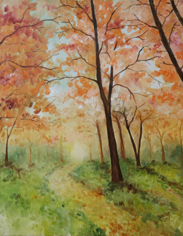 Pittura intitolato "bosco al mattino" da Davide Pacini, Opera d'arte originale, Olio