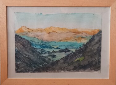 Painting titled "Tramonto sul Lago d…" by Davide Rodoquino, Original Artwork, Ink Mounted on Cardboard