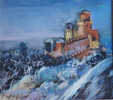Painting titled "Tramonto con paesag…" by Davide Rodoquino, Original Artwork, Pastel Mounted on Cardboard