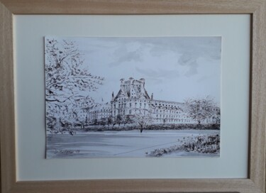 Painting titled "Il Louvre dalle Tui…" by Davide Rodoquino, Original Artwork, Ink Mounted on Cardboard