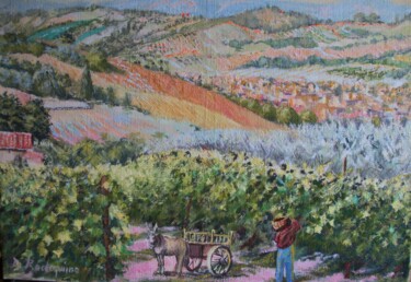 Painting titled "Vendemmia in Italia" by Davide Rodoquino, Original Artwork, Oil Mounted on Wood Stretcher frame