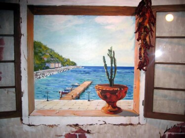 Painting titled "Window with vase on…" by Davide Rodoquino, Original Artwork, Acrylic