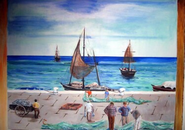 Painting titled "Fishermen at the po…" by Davide Rodoquino, Original Artwork, Acrylic