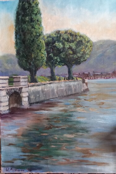 Painting titled "Cipressi sul lago d…" by Davide Rodoquino, Original Artwork, Oil Mounted on Wood Stretcher frame