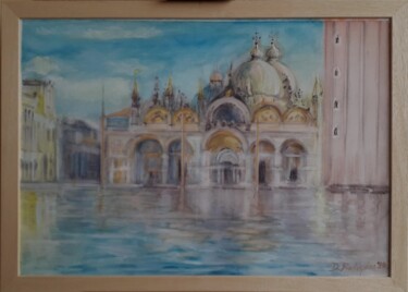 Painting titled "Acqua alta a Venezia" by Davide Rodoquino, Original Artwork, Ink Mounted on Cardboard