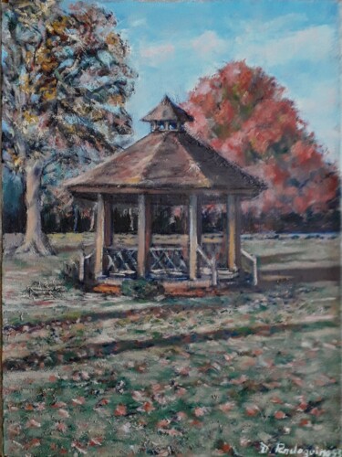 Painting titled "Parco autunnale con…" by Davide Rodoquino, Original Artwork, Oil Mounted on Wood Stretcher frame