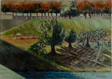 Painting titled "Veduta dal Ponte Eu…" by Davide Rodoquino, Original Artwork, Oil Mounted on Wood Stretcher frame