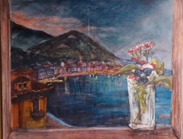 Pittura intitolato "Moltrasio di notte" da Davide Rodoquino, Opera d'arte originale, Inchiostro Montato su Telaio per barell…