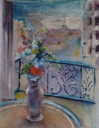 Painting titled "Terrazza a Parigi" by Davide Rodoquino, Original Artwork, Ink Mounted on Wood Stretcher frame