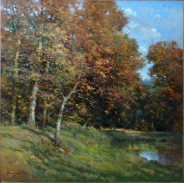 Painting titled "Automne sur l'Étang" by David Garcia, Original Artwork, Oil