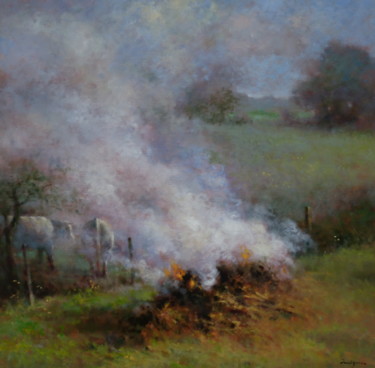 Painting titled "La Fumée" by David Garcia, Original Artwork, Oil