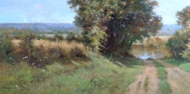 Peinture intitulée "Chemin vers l'étang" par David Garcia, Œuvre d'art originale, Huile
