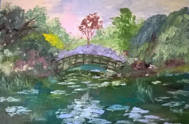 Painting titled "POND WITH BRIDGE" by David Cade, Original Artwork, Oil