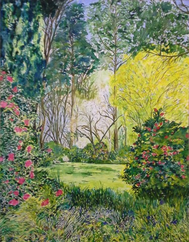 Painting titled "GARDEN WITH TALL PI…" by David Cade, Original Artwork, Watercolor