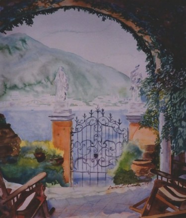 Painting titled "BALCONY OVERLOOKING…" by David Cade, Original Artwork, Watercolor