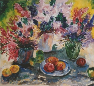 Painting titled "PATIO BOUQUETS" by David Cade, Original Artwork, Watercolor