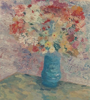 Peinture intitulée "FLORAL WITH BLUE VA…" par David Cade, Œuvre d'art originale, Huile