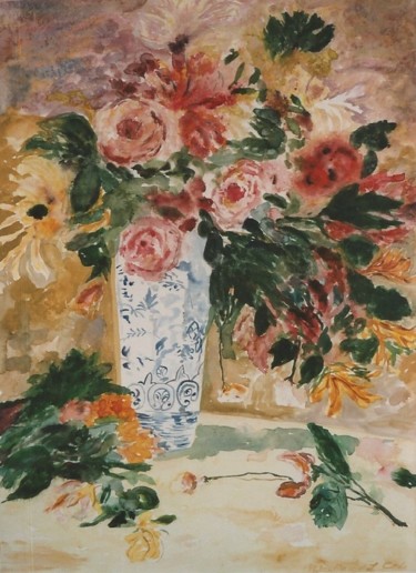 Painting titled "FLORAL WITH PEONIES" by David Cade, Original Artwork, Watercolor