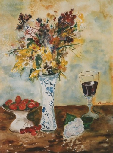 Painting titled "FLORAL WITH WINE AN…" by David Cade, Original Artwork, Watercolor