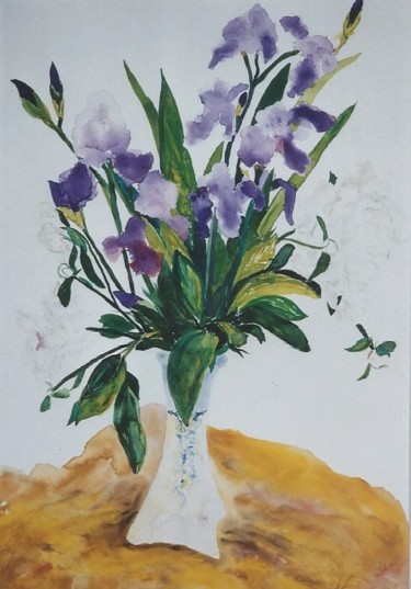 Painting titled "IRIS WITH BLUE AND…" by David Cade, Original Artwork, Watercolor