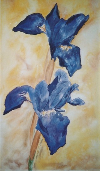 Painting titled "NAVY BLUE IRISES" by David Cade, Original Artwork, Watercolor