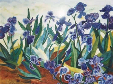 Painting titled "PURPLE IRISES" by David Cade, Original Artwork, Watercolor