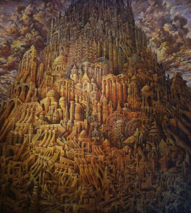 Schilderij getiteld "Grande Babel" door David Lefebvre, Origineel Kunstwerk, Olie