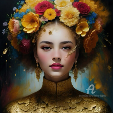 Artes digitais intitulada "Girl with flowers" por Davina Dugnas, Obras de arte originais, Trabalho Digital 2D