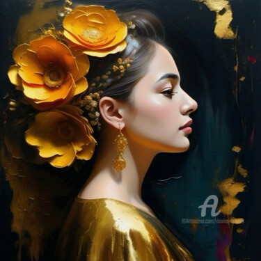 Цифровое искусство под названием "Girl with golden fl…" - Davina Dugnas, Подлинное произведение искусства, 2D Цифровая Работа
