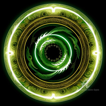Digital Arts titled "Green Dragon Abstra…" by Davina Dugnas, Original Artwork, 2D Digital Work Mounted on Wood Stretcher fra…