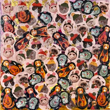 Pittura intitolato "Joyful cats collage…" da Davina Dugnas, Opera d'arte originale, Olio Montato su Telaio per barella in le…