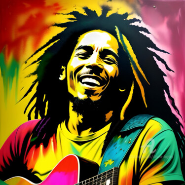 Digital Arts titled "Bob Marley One Love" by Davina Dugnas, Original Artwork, Digital Painting Mounted on Wood Stretcher fra…