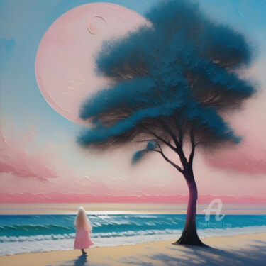 Painting titled "Pink Moon" by Davina Dugnas, Original Artwork, 2D Digital Work Mounted on Wood Stretcher frame