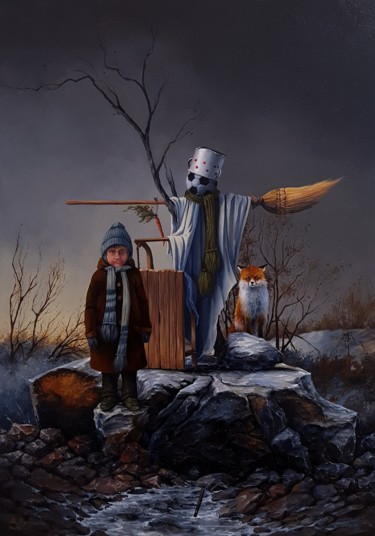 Malerei mit dem Titel ""Boy and Fox"" von Davor Aradjanin, Original-Kunstwerk, Öl