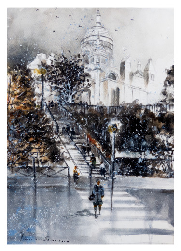 Painting titled "Sacre Coeur Paris O…" by Lilou.Online Fine Arts Mangeart, Original Artwork, Watercolor