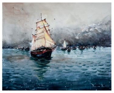 Malerei mit dem Titel "Large Sailboat Wall…" von Lilou.Online Fine Arts Mangeart, Original-Kunstwerk, Aquarell