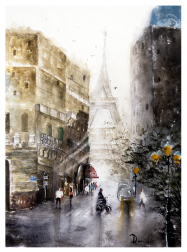 Картина под названием "Paris Eiffel Tower…" - Lilou.Online Fine Arts Mangeart, Подлинное произведение искусства, Акварель