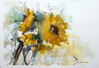 Painting titled "Sunflower Sunkissed…" by Lilou.Online Fine Arts Mangeart, Original Artwork, Watercolor