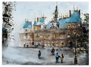 Peinture intitulée "Hotel de Ville Paris" par Lilou.Online Fine Arts Mangeart, Œuvre d'art originale, Aquarelle