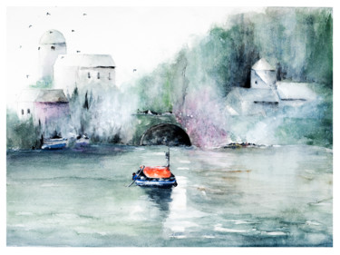 Картина под названием "French Riverside" - Lilou.Online Fine Arts Mangeart, Подлинное произведение искусства, Акварель
