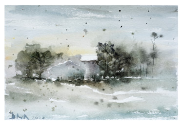 Painting titled "Countryside Afterno…" by Lilou.Online Fine Arts Mangeart, Original Artwork, Watercolor