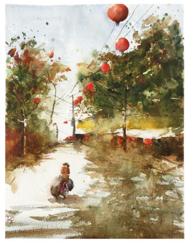 Painting titled "Hoi An Red lanterns…" by Lilou.Online Fine Arts Mangeart, Original Artwork, Watercolor